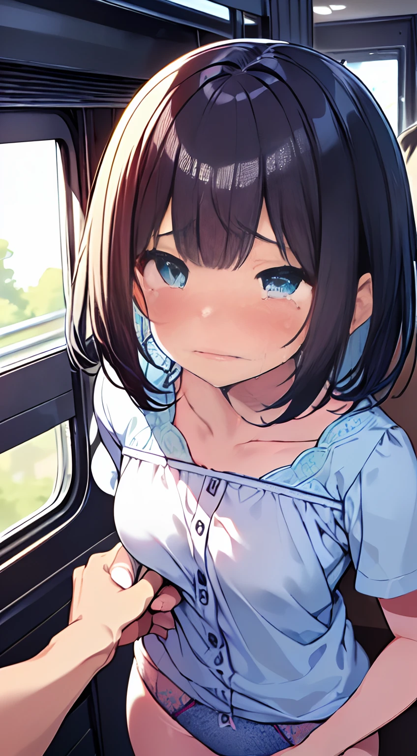 masutepiece, Best Quality,Illustration, Wallpaper, Ultra Detail,   Girl、(((molesting)))、Beautiful detailed eyes, Medium Short-Cut Hair, (fear:1.5)、(Teary-eyed:1.5)、Dark hair color、(((Cute light blue underwear)))、(校服)、ample breasts、((Morester))、in the bus、((Girl being touched by a man))