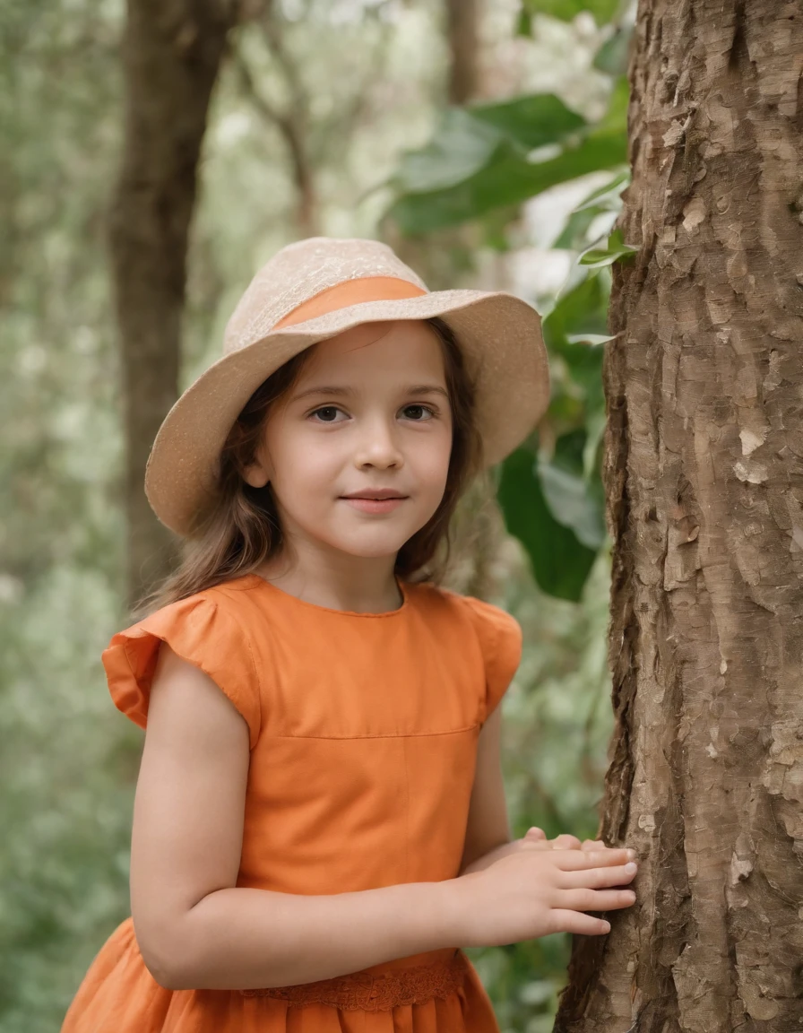  in hat and orange dress leaning against a tree, in the style of mayan art and architecture, happycore, botanical abundance, mottled, joyful and optimistic, konica big mini, organic  --ar 2:3 --v 5