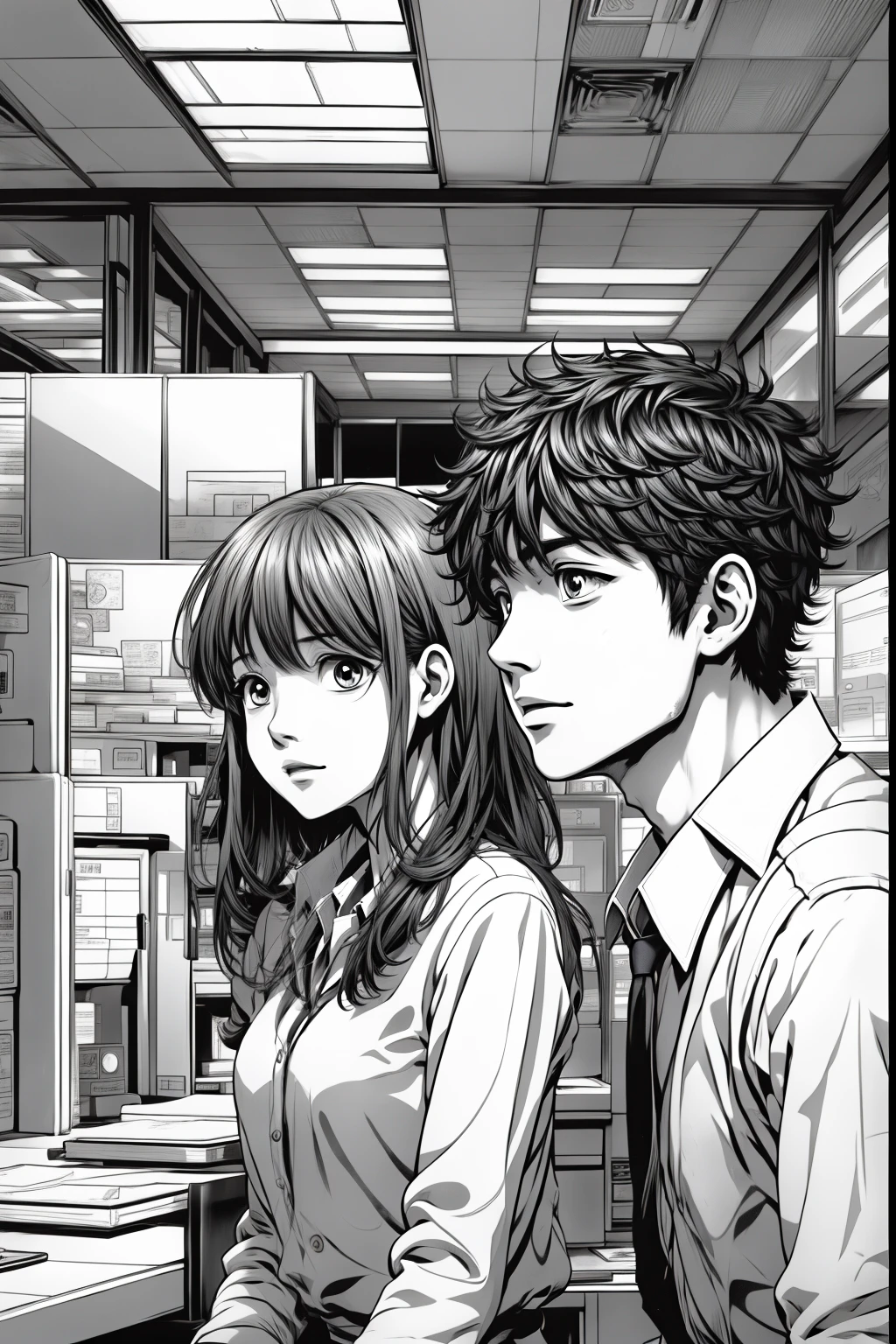 comic, 1girl,1boy,office