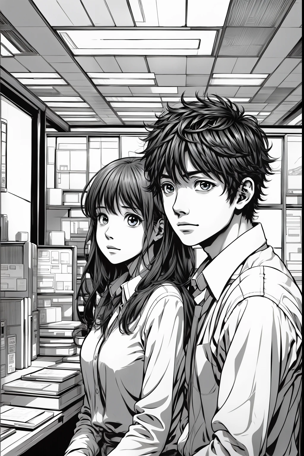 comic, 1girl,1boy,office
