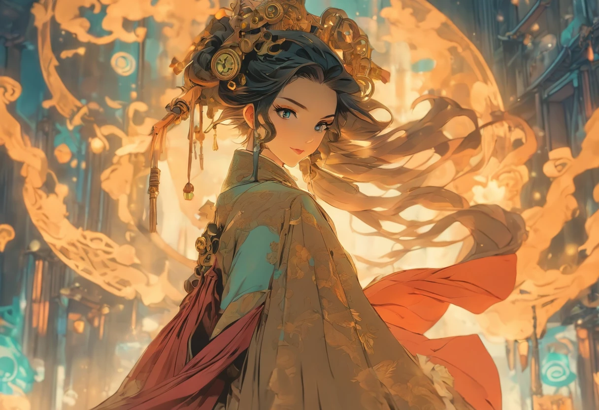 Chinese ink style,Steampunk world,Huge steampunk flyers and hanfu girls,Ink animation art,Ink comic art,water ink,ink,Smudge,8K,Delicately portrayed,Works of masters