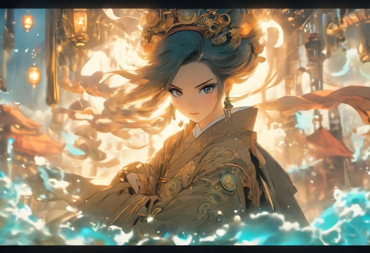 Chinese ink style,Steampunk world,Huge steampunk flyers and hanfu girls,Ink animation art,Ink comic art,water ink,ink,Smudge,8K,Delicately portrayed,Works of masters