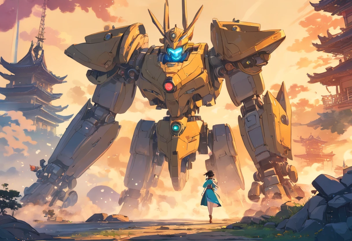 Chinese ink style,Steampunk world,Huge steam mecha and Hanfu girl,Ink animation art,Ink comic art,water ink,ink,Smudge,8K,Delicately portrayed,Works of masters