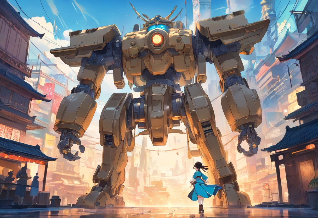 Chinese ink style,Steampunk world,Huge steam mecha and Hanfu girl,Ink animation art,Ink comic art,water ink,ink,Smudge,8K,Delicately portrayed,Works of masters