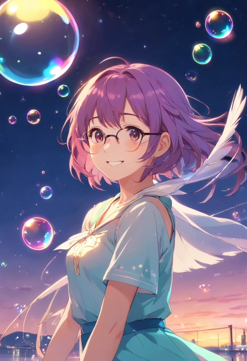 Colored hair，Kizi，(goddes)，(Toothy smile)，(is shy)，((veils))，(feathers hair ornament)，semi-rimless eyewear，jewelery，choker necklace，((Turn Back))，夏天，As estrelas，moon full，(Colored bubbles)