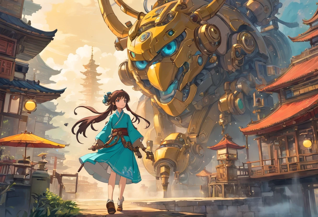 Chinese ink style，Steampunk world，Huge steam mecha and Hanfu girl，Ink animation art，Ink comic art，water ink，ink，Smudge，8K，Delicately portrayed，Works of masters