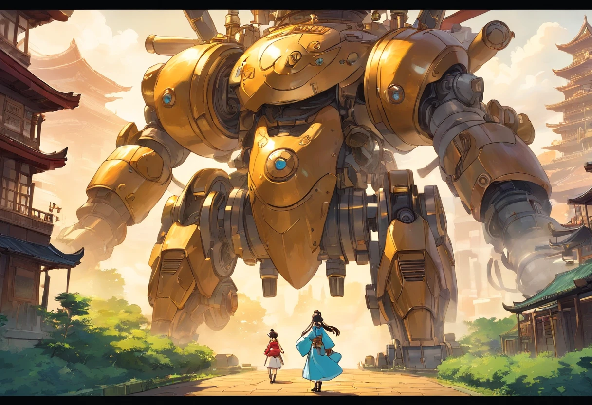 Chinese ink style,Steampunk world,Huge steam mecha and Hanfu girl,Ink animation art,Ink comic art,water ink,ink,Smudge,8K,Delicately portrayed,Works of masters