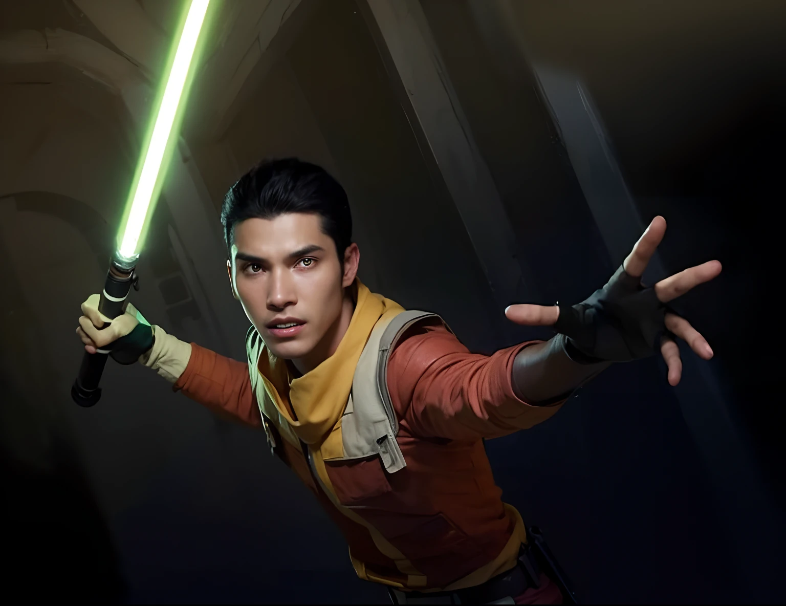 a close up of a person holding a light saber in a dark room, star wars rebels, dark hair, dark eyes, ezra bridger