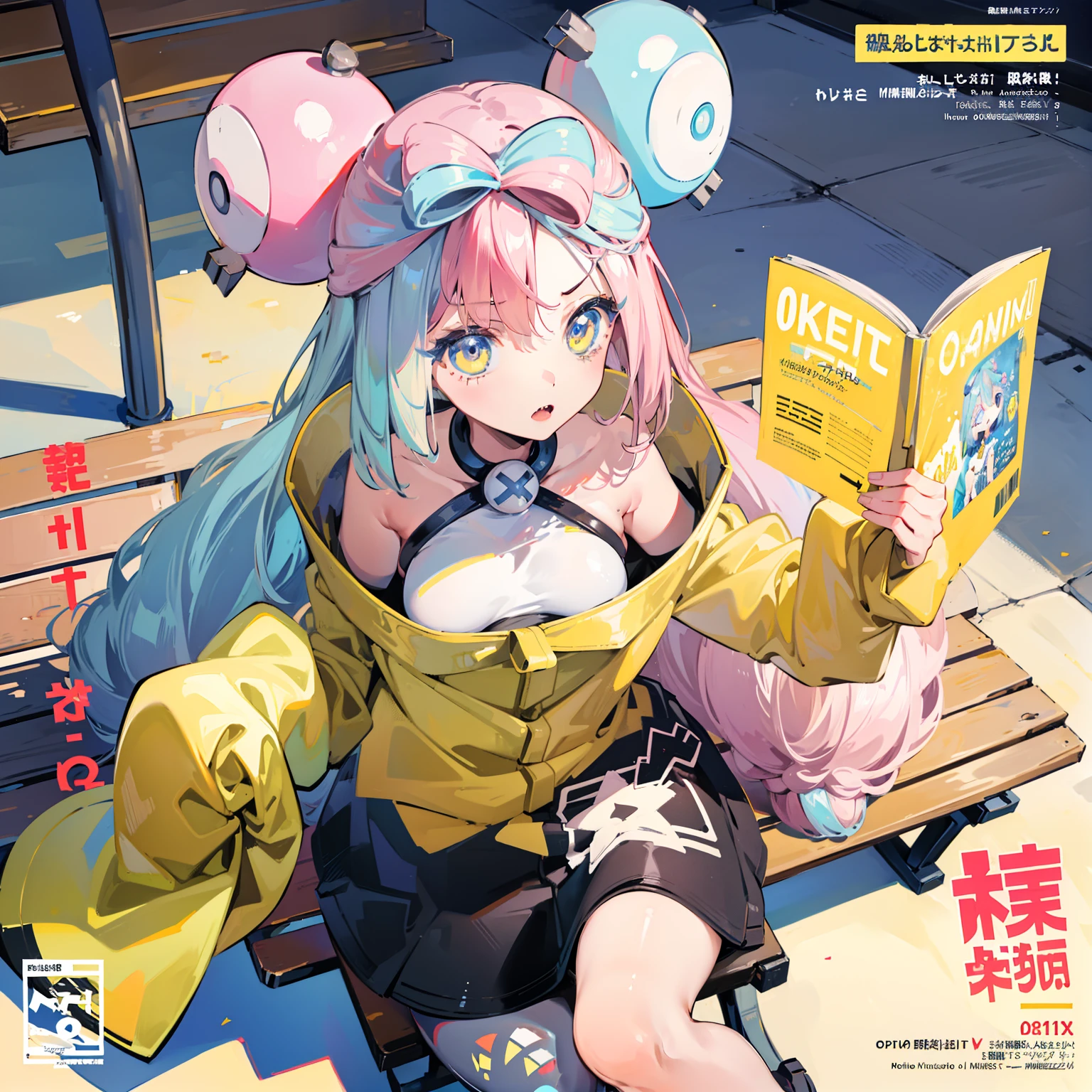 (masuter piece,Best Quality,Ultra-detailed), (A detailed face) , (A pokémon), Iono, (Iono), Nanjamo, Enigmara, 1girl in, long, medium breasts, Yellow jacket, off shoulders, Hair Ornament, Benches, (magazine:1.3), (cover-style:1.3)