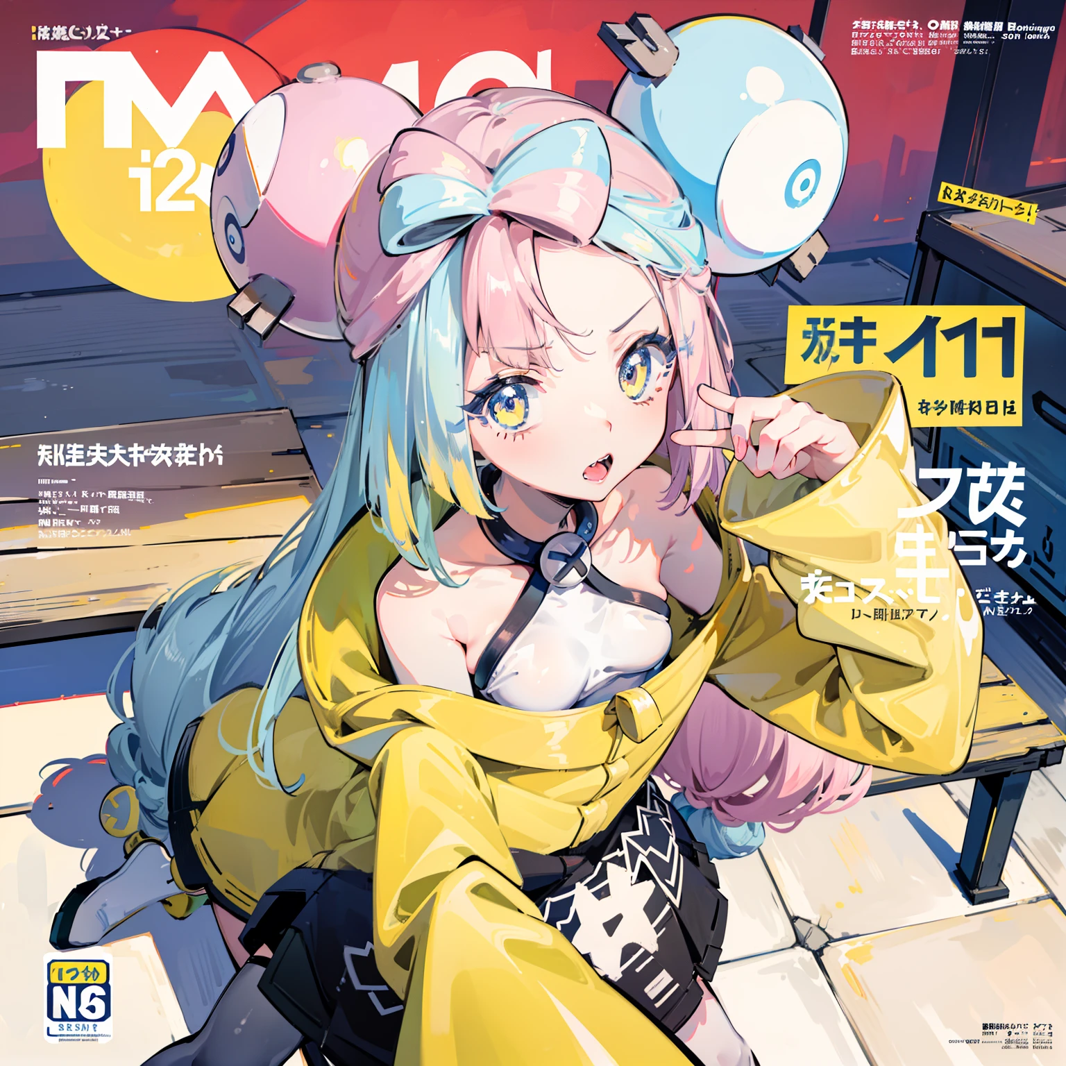 (masuter piece,Best Quality,Ultra-detailed), (A detailed face) , (A pokémon), Iono, (Iono), Nanjamo, Enigmara, 1girl in, long, medium breasts, Yellow jacket, off shoulders, Hair Ornament, Benches, (magazine:1.3), (cover-style:1.3)