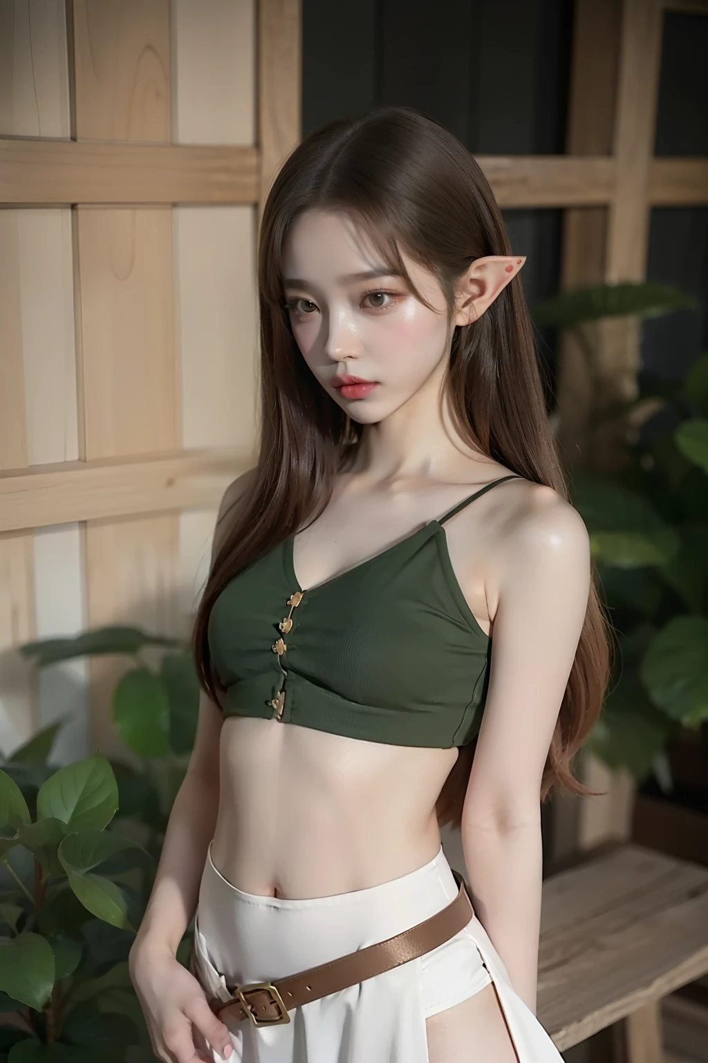 upper body view, full body, kim chaewon as a sexy elf, kim chaewon in a fantasy world, kim chaewon is a petite young elf girl, sexy elf, petite girl, small breast, petite figure, long hair, revealing crop-top, revealing short skirt, exposed, midriff exposed, small tits, ((thin-waist)), a small face