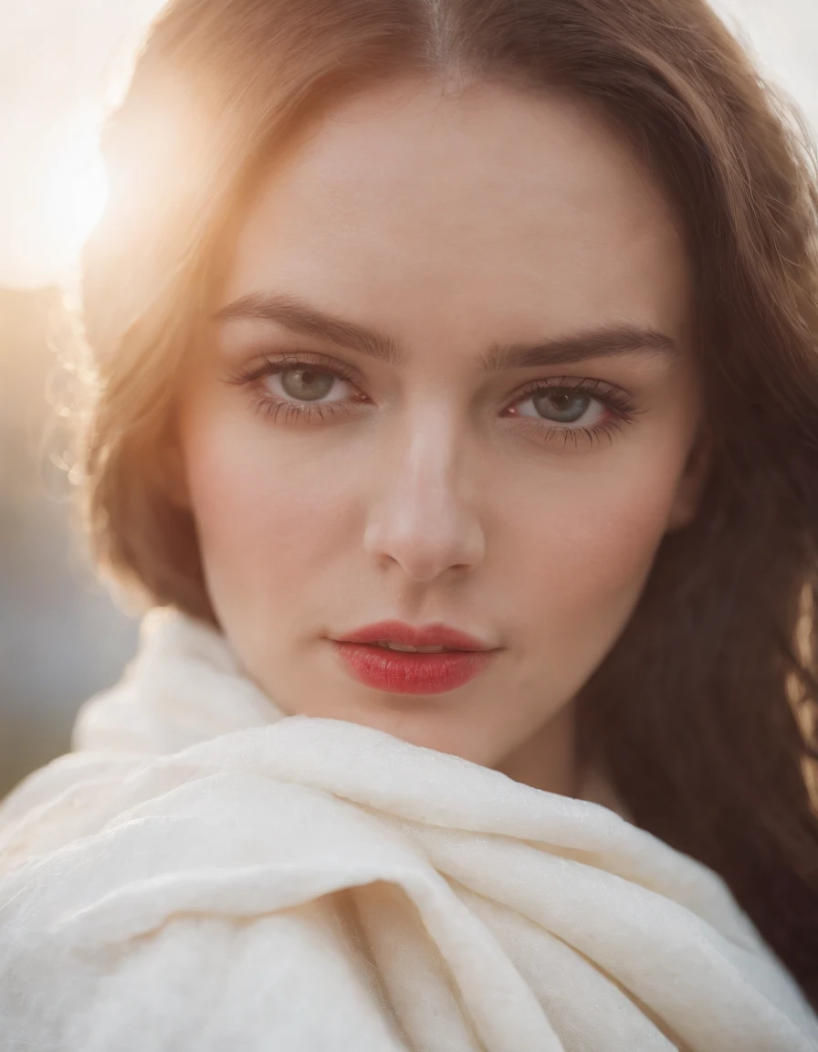 woman with a white blanket blouse, hair painted white, with a red flower in front of her covering one eye and part of her face, natural sunlight, close up framing her face, light colors, bokeh style, in the style of ultrafine detail, high quality photo