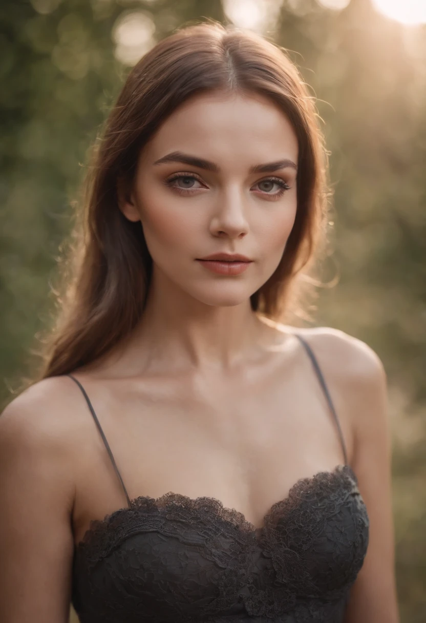 Close up portrait of a young sexy Ukrainian woman,Exposed fit and flared dress in spa retreat , Symmetrical face, outdoors lighting, Brooding atmosphere, Sharp eyes