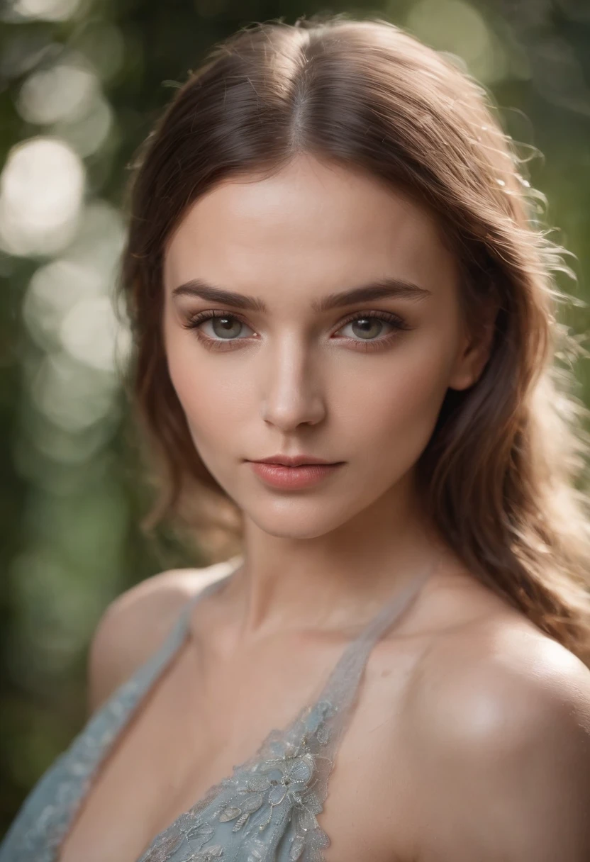 Close up portrait of a young sexy Ukrainian woman,Exposed fit and flared dress in spa retreat , Symmetrical face, outdoors lighting, Brooding atmosphere, Sharp eyes