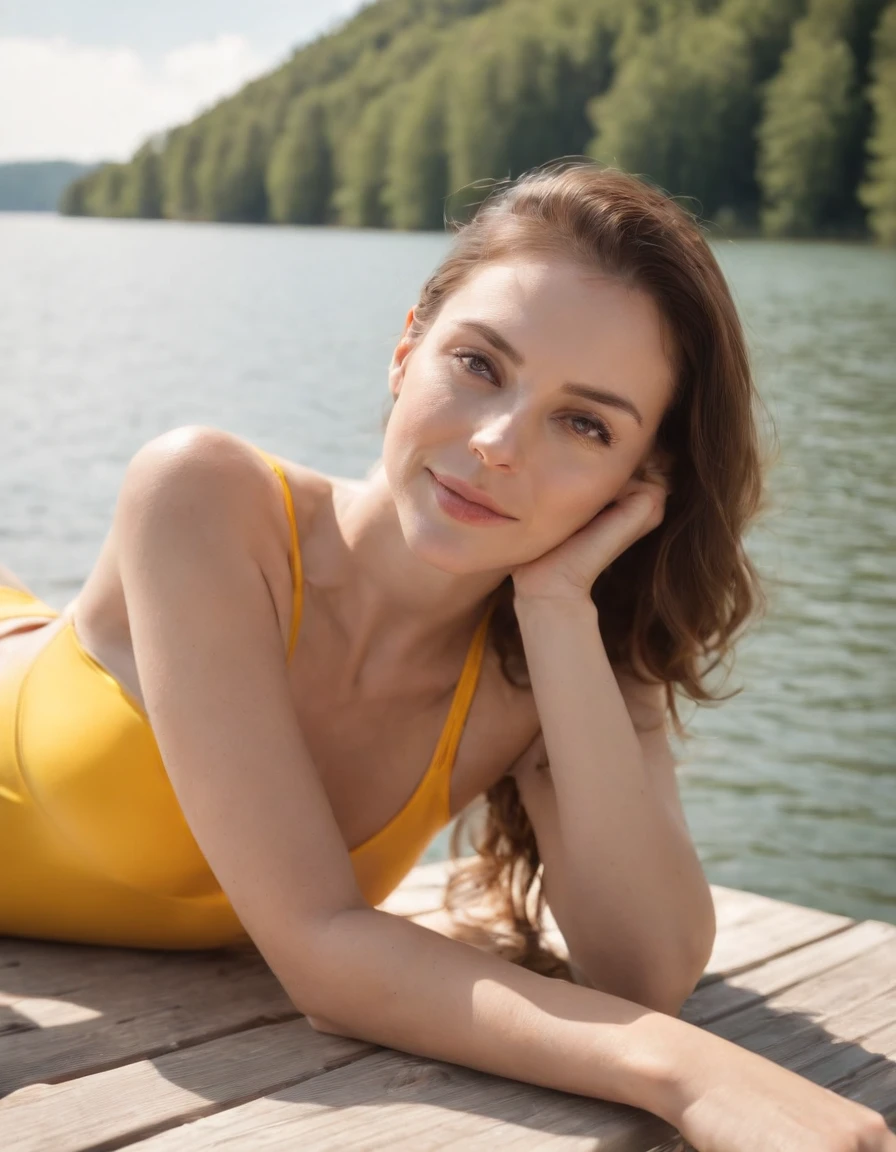 woman sunbathing with a retro yellow swimsuit, on a dock at the lake shore, sun from the front, high angle shot, close up of the woman, bokeh style, high quality photo