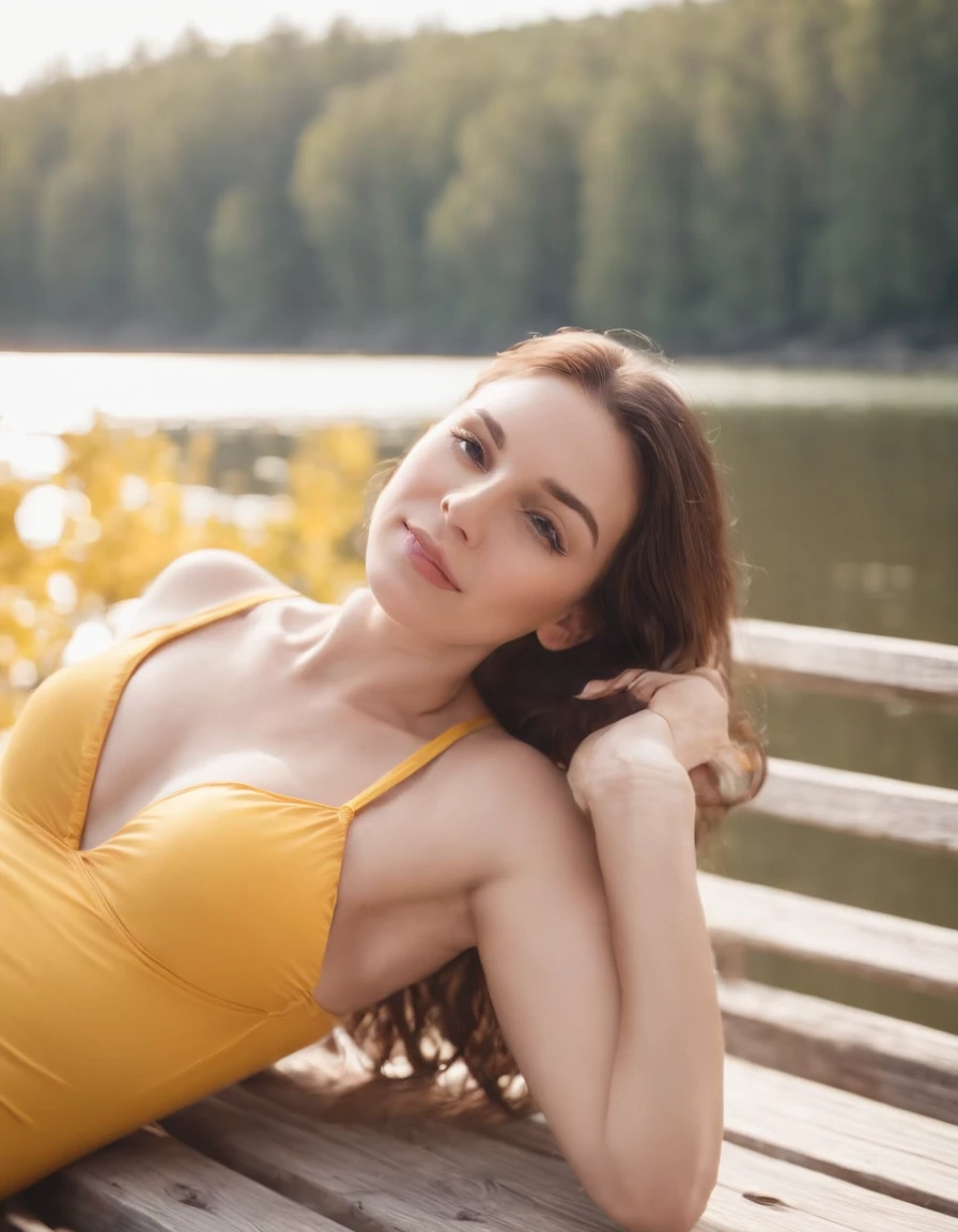 woman sunbathing with a retro yellow swimsuit, on a dock at the lake shore, sun from the front, high angle shot, close up of the woman, bokeh style, high quality photo in beach