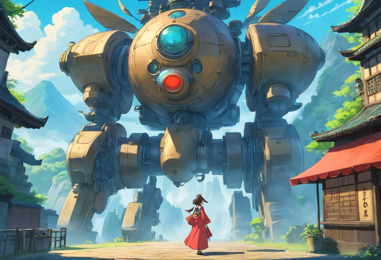 Chinese ink style，Steampunk world，Huge steam mecha and Hanfu girl，Spray steam，Ink animation art，Ink comic art，water ink，ink，Smudge，8K，Delicately portrayed，Works of masters