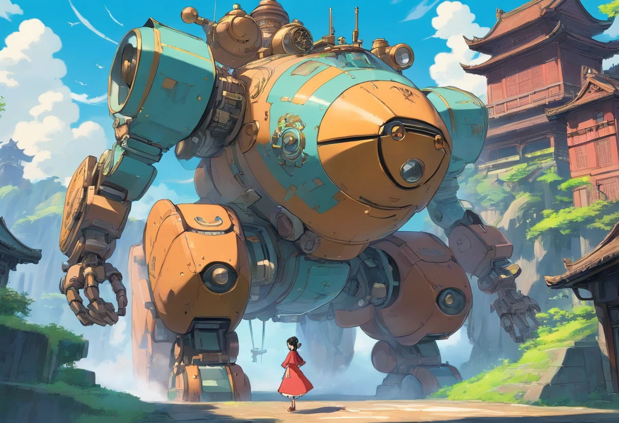 Chinese ink style，Steampunk world，Huge steam mecha and Hanfu girl，Spray steam，Ink animation art，Ink comic art，water ink，ink，Smudge，8K，Delicately portrayed，Works of masters