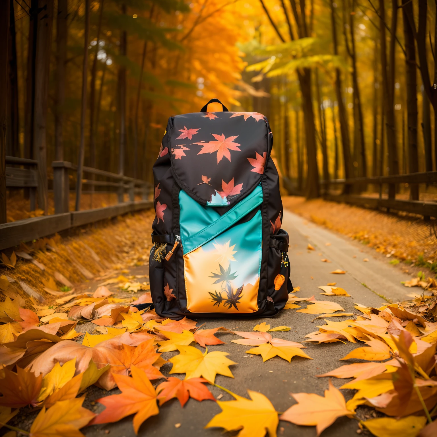there is a small backpack with a dragonfly design on it, product photo, full subject shown in photo, official product photo, square backpack, in a medium full shot, high quality product photo, high resolution product photo, 4 2 0, 420, official product image, designer, y 2 k, classy, y2k, 6k, 6 k, background - canadian woods in the background, waterfall, autumn leaves on the floor, sunny day, photorealistic, HDR