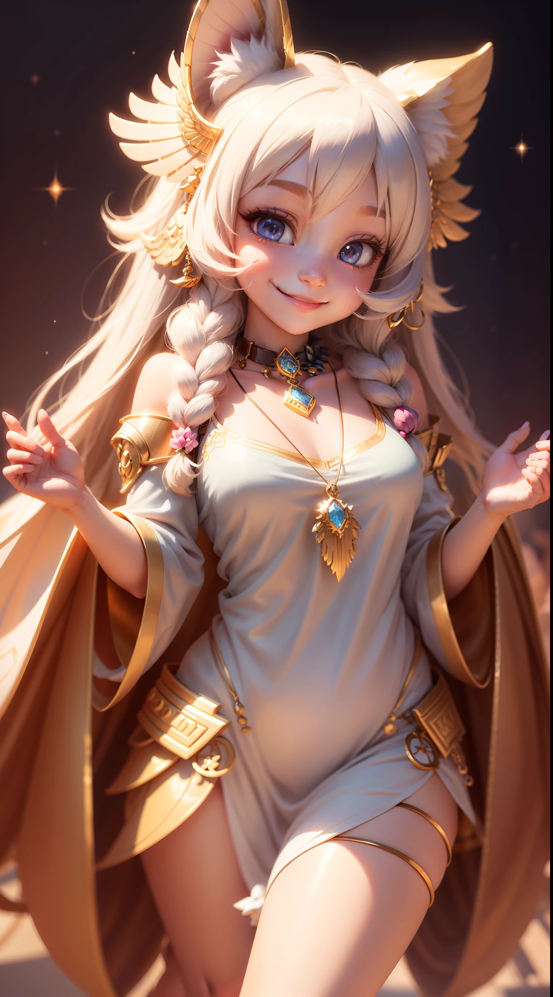 (Sphinx),adorable smile,Different colored eyes remind necklace、adorable and fluffy、Attractive 3D Vector Art、Cute and Quirky Fantasy Art、bokeh dof、digitial painting、Soft lighting、Isometric style、