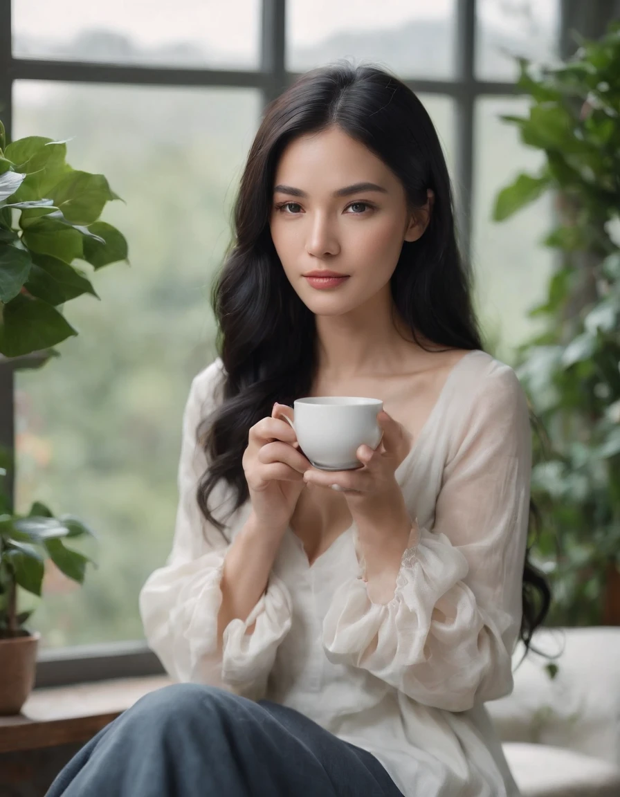 woman sitting long black hair, having tea, window background, plants, natural lighting, cloudy day, side shot, half length shot, high quality photo.