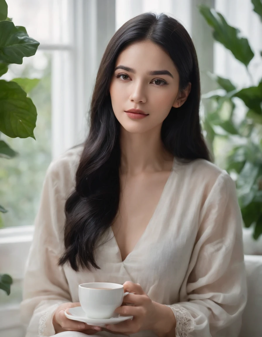 woman sitting long black hair, having tea, window background, plants, natural lighting, cloudy day, side shot, half length shot, high quality photo.