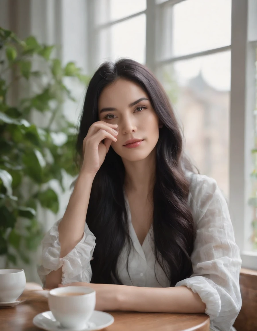 woman sitting long black hair, having tea, window background, plants, natural lighting, cloudy day, side shot, half length shot, high quality photo.