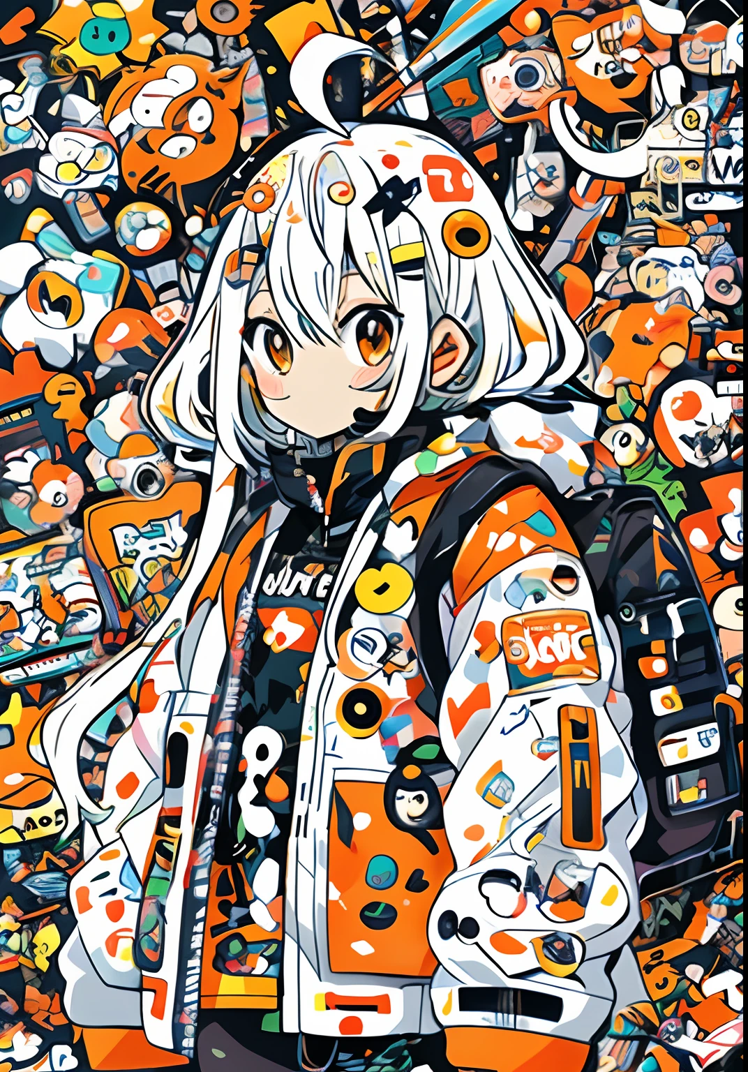 Anime girl with orange and white jacket and black jacket surrounded by stickers, Anime Mecha Aesthetics, anime style 4 k, anime graphic illustration, mecha asthetic, anime robotic mixed with organic, digital anime illustration, anime style illustration, Cute art style, Anime Illustration, Anime Manga Robot!! Anime Girl, anime style artwork, Digital Cyberpunk Anime Art, fully robotic!! girl