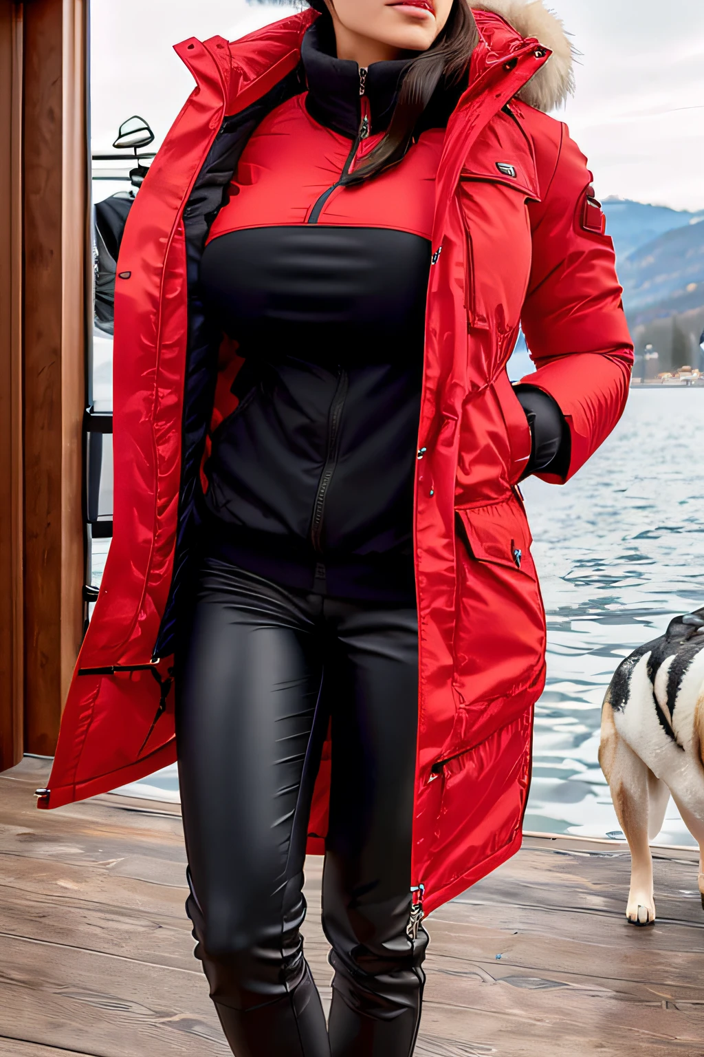 Make a woman with big breast, Red long winterjacket , with open zipper, with face, body, Lakeside house, travel bag, black pants, dog