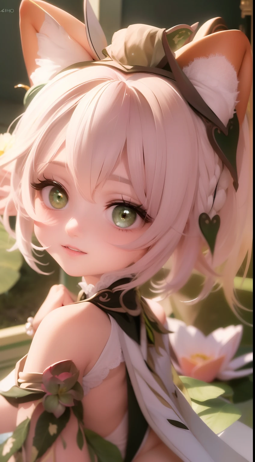 ((4K,Masterpiece,Best quality)), Nasida, Feet up,Bare legged, lotuses, Sexy half bikini,Short white lace skirt,exposing your navel, 1girll,Green clothes, White color hair, ssmile, The barefoot