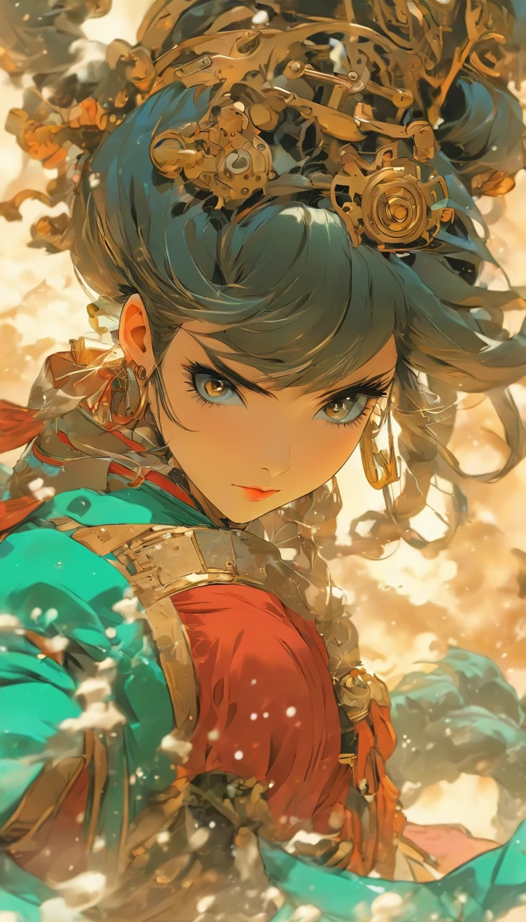 Chinese ink style，Steampunk world，Huge steampunk flyers and hanfu girls，Ink animation art，Ink comic art，water ink，ink，Smudge，8K，Delicately portrayed，Works of masters