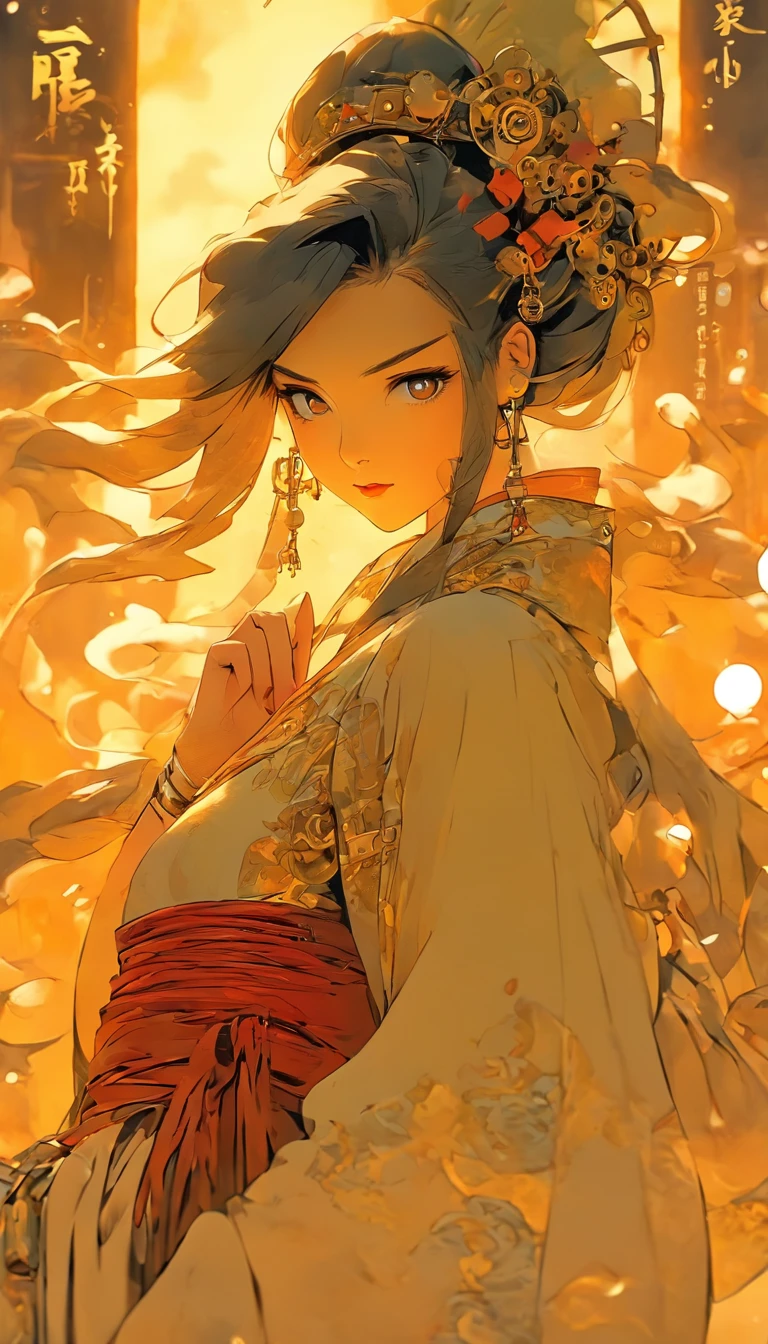 Chinese ink style，Steampunk world，Huge steampunk flyers and hanfu girls，Ink animation art，Ink comic art，water ink，ink，Smudge，8K，Delicately portrayed，Works of masters