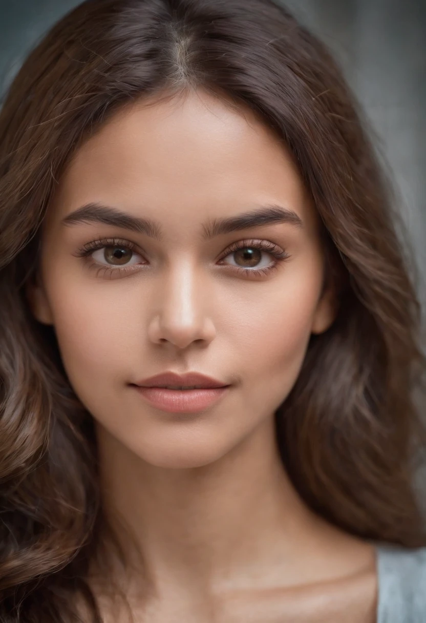 "A lady with short brown skin beauty, tousled hair stands before you, her lips curved into a gentle, small smile. Her eyes hold a hint of curiosity and warmth, and her presence seems to radiate an aura of quiet confidence, realistic