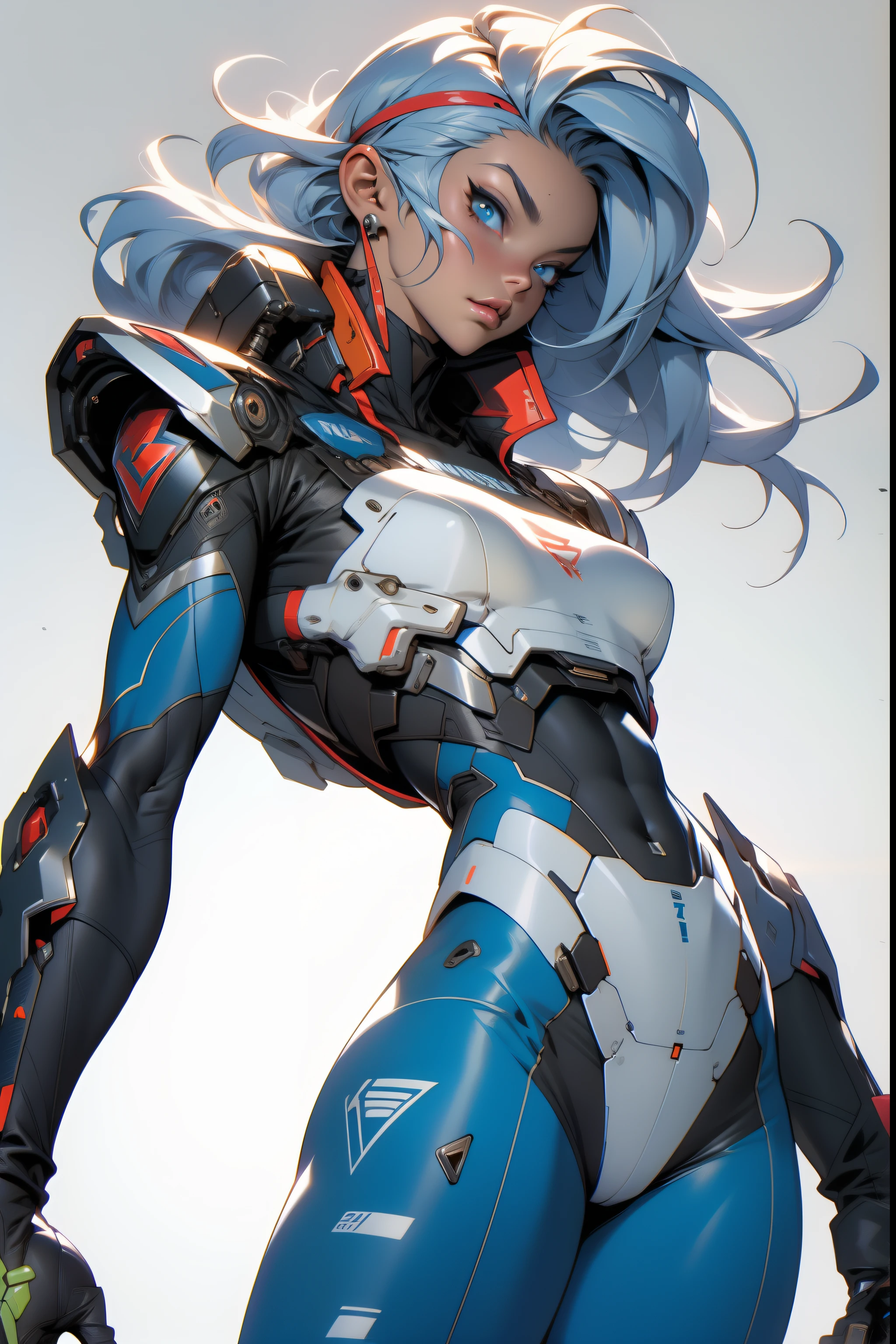 (((Simon Bisley)))), Mature woman 35 years muscular gorgeous, giant robot pilot, wild with perfect body, bare thighs, white hair with bangs, wearing little clothes, tiny thong, hoarse with the colors of the flag of the Czech Republic, sensual pose, pose with attitude, add movements, large breasts, technological scenery