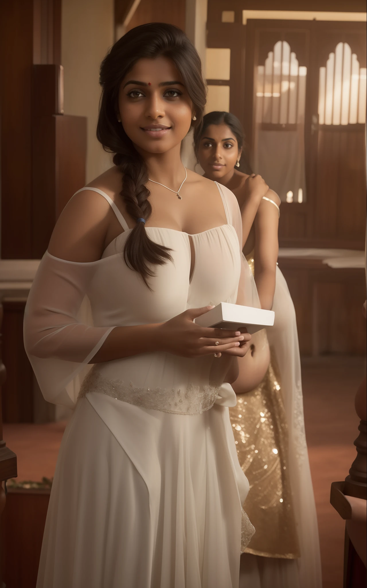 downblouse, beautiful smiling (freckled:0.99) Indian woman, large breasts, in ((gown:1.3)), college prom,outdoors, looking at the camera, eye contact shot on CineStill 800T, ((ultra realistic detailed skin)), ultra skin texture, skin imperfections, intricate details, 32k, cinematic composition, professional color grading, cinematic lighting, ((low key)), (((film grain))), atmosphere, wondrous,((full body shot)), long shot,busty women,naked photo