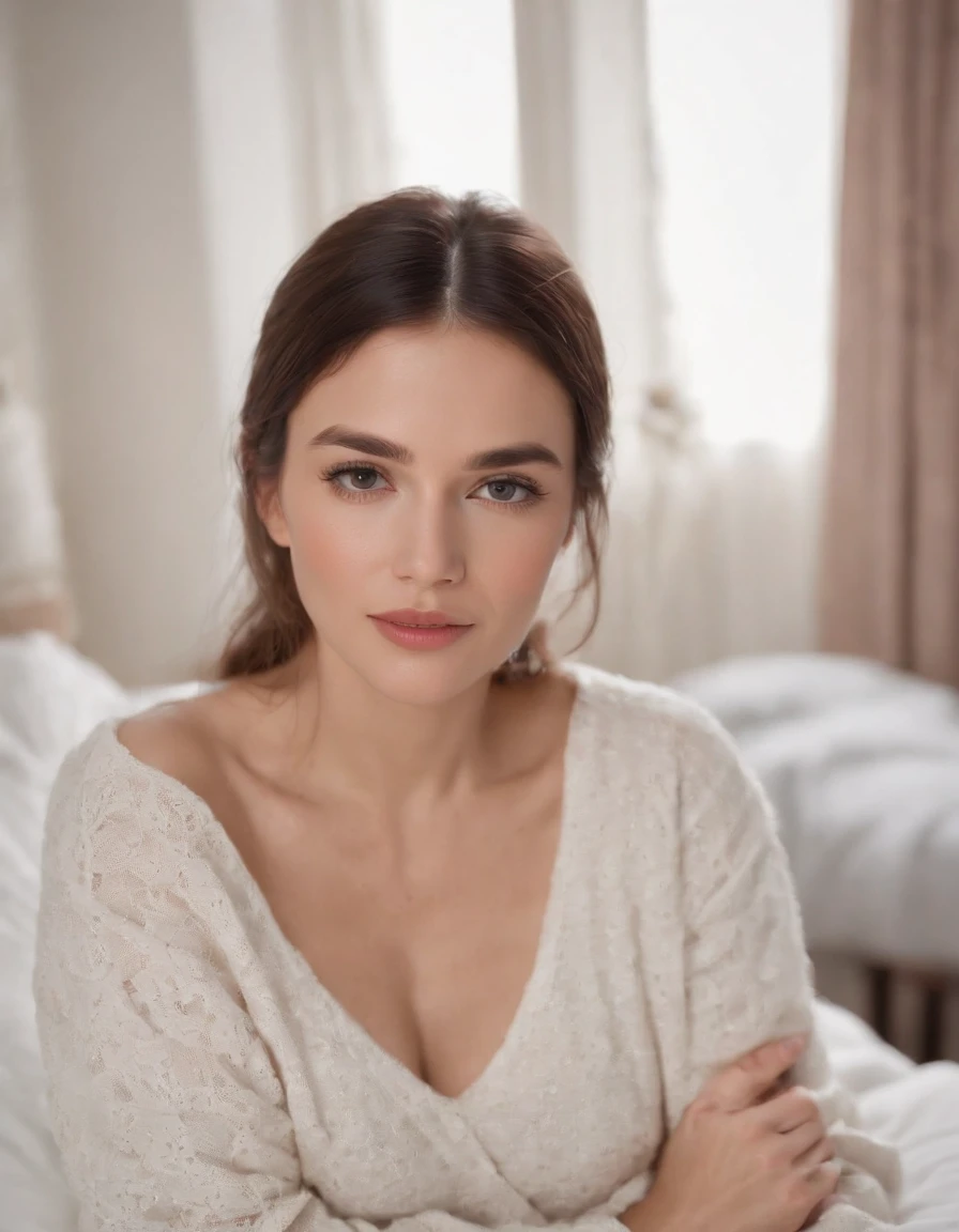 woman dressed in comfortable clothes on her bed, bokeh style, medium close up shot, high quality photo.