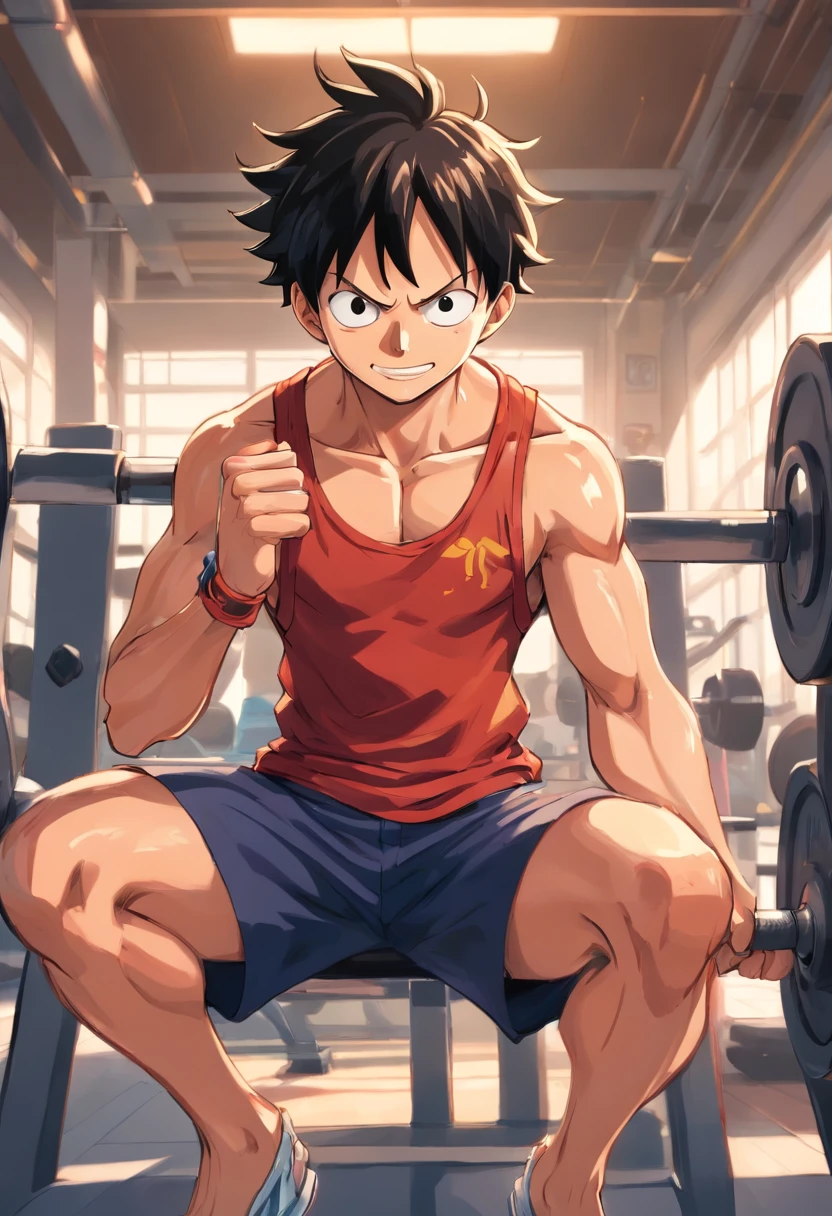 "a detailed illustration of Monkey D. Luffy in gym clothes training intensely in a bodybuilding gym, estilo One Piece, no characteristic style of art by Eiichiro Oda, corpo completo, obra de arte"