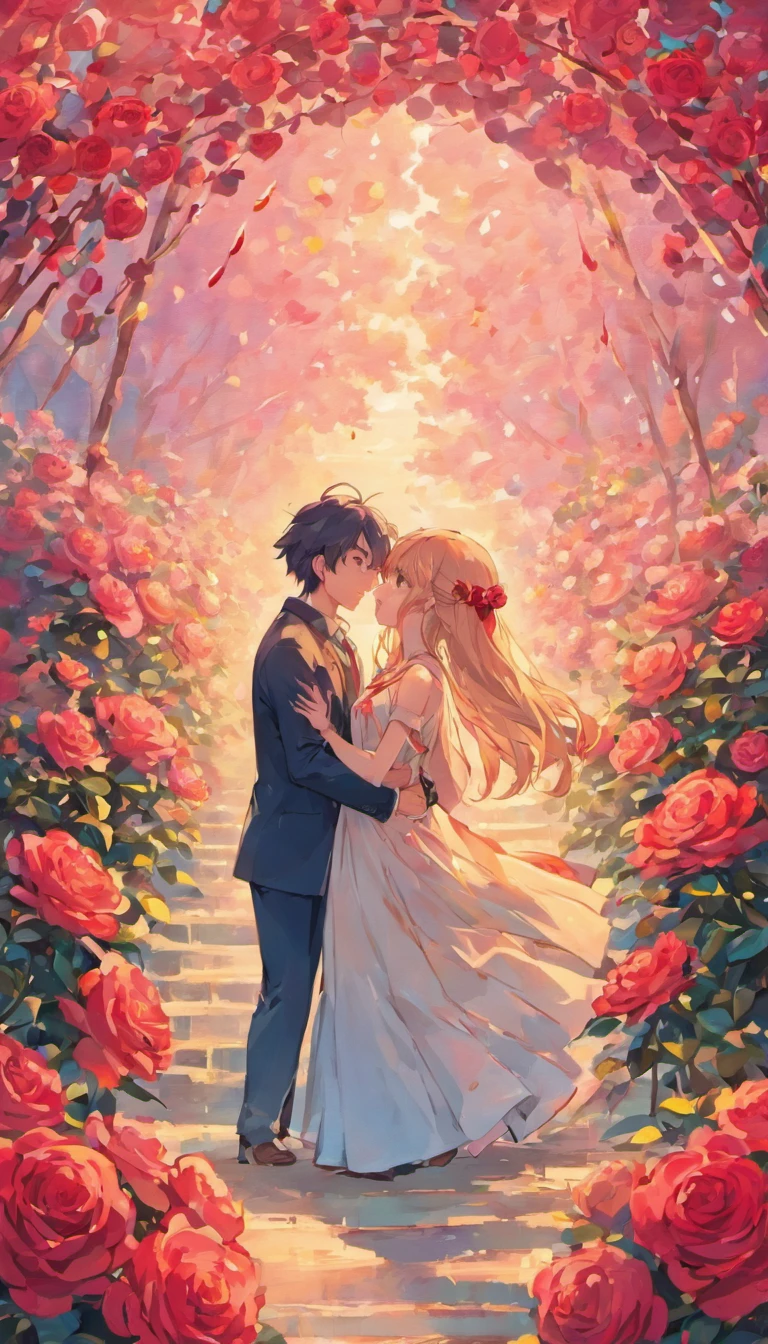 In a romantic atmosphere,couple cuddling,Stroll through the Sea of Roses,Under the blue sky and white clouds,Feel the romantic theme of Valentine's Day。