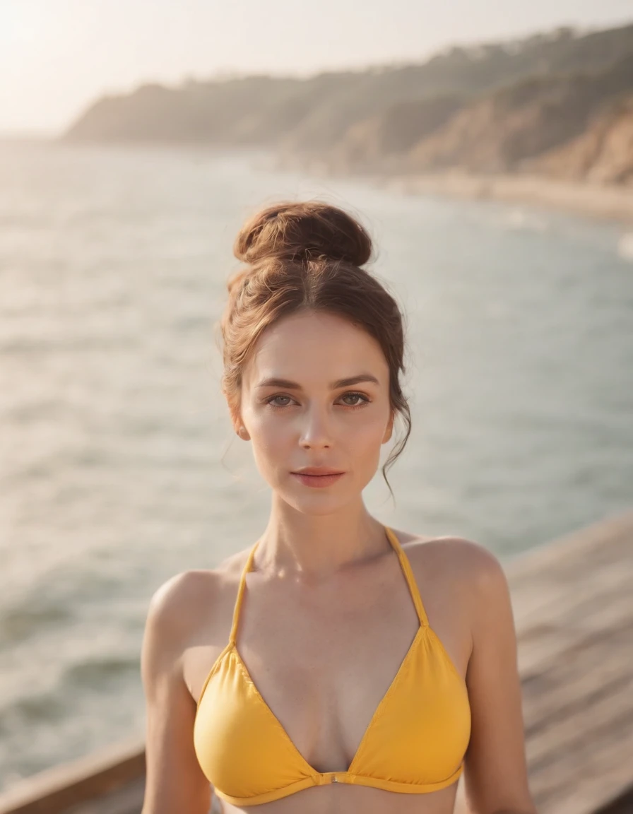 woman sunbathing with a retro yellow swimsuit, On the pier on the coast, sun from the front, high angle shot, close up of the woman, bokeh style, high quality photo in beach