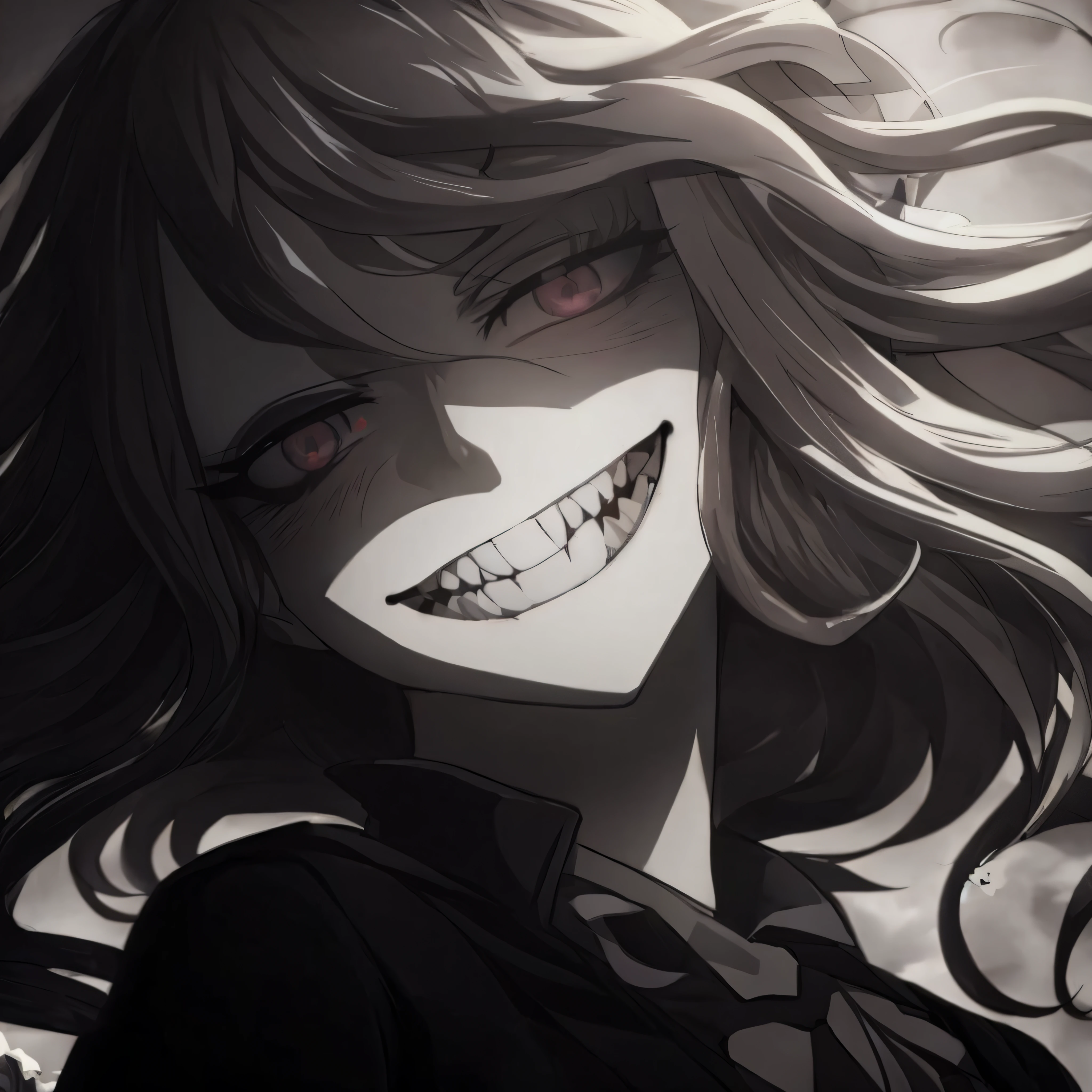 Anime girl with long hair and a smile, digital art from danganronpa, [[[[grinning evily]]]], Mysterious smile, portrait gapmoe yandere grimdark, grinning evily, malicious smile, Anxious smile, Evil smile, evil smile and glowing eyes, macabre smile, Insane smile, evil smile