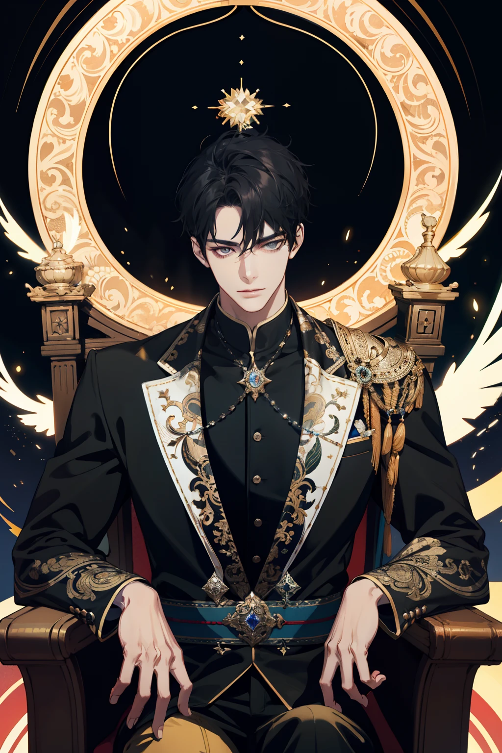 (absurderes,A high resolution,ultra - detailed),1人,AS-Adult,handsome,tall and muscular boy,a broad shouldered,Fine and detailed eyes and detailed face,Short black hair,Onyx-colored eyes,fanciful,Magnificent background,shadow effect,thrones,Magic effects,火焰,Floating crystals,Divine brilliance,Grand background,magia