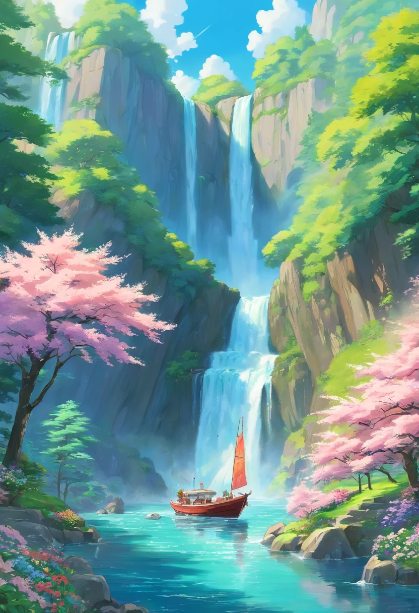 a painting of a waterfall with a boat in it surrounded by flowers, majestic nature scenery, very beautiful scenery, peaceful beautiful waterfall, dream scenery art, stunning nature in background, nature scenery, with trees and waterfalls, landscape scenery, with waterfalls and river, waterfalls and lakes, really beautiful nature, beautiful nature, scenery art detailed, very very beautiful scenery, scenery artwork