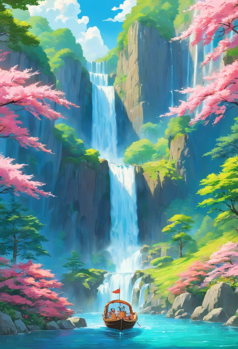 a painting of a waterfall with a boat in it surrounded by flowers, majestic nature scenery, very beautiful scenery, peaceful beautiful waterfall, dream scenery art, stunning nature in background, nature scenery, with trees and waterfalls, landscape scenery, with waterfalls and river, waterfalls and lakes, really beautiful nature, beautiful nature, scenery art detailed, very very beautiful scenery, scenery artwork