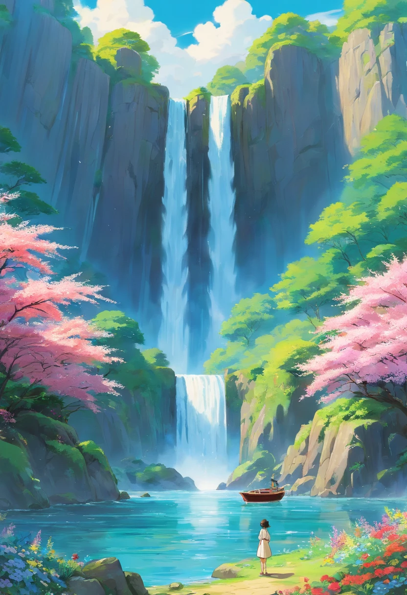a painting of a waterfall with a boat in it surrounded by flowers, majestic nature scenery, very beautiful scenery, peaceful beautiful waterfall, dream scenery art, stunning nature in background, nature scenery, with trees and waterfalls, landscape scenery, with waterfalls and river, waterfalls and lakes, really beautiful nature, beautiful nature, scenery art detailed, very very beautiful scenery, scenery artwork