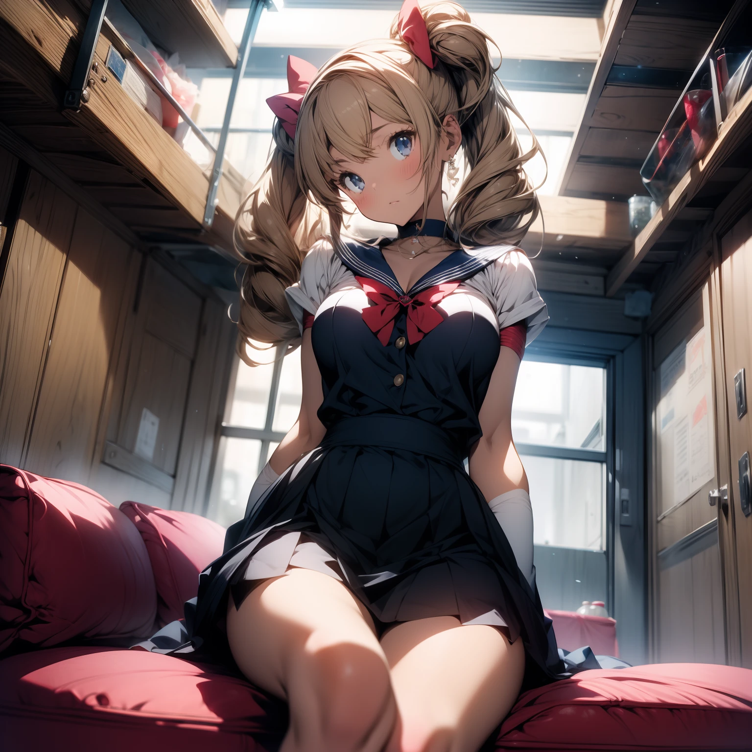 (masterpiece),best quality, full-body shot, expressive eyes, perfect face, 1girl, medium breast, good breast, beautiful, gorgeous ,round breast, sitting on a couch, blonde girl, medium shot, indoors, lab, cleavage, aausagi, double bun, twintails, parted bangs, circlet, jewelry, earrings, choker, red bow, white gloves, elbow gloves, blue skirt, feminine, blushing, Serena from "sailor moon", masturbation from below, Grab your own breasts, One girl, sit on the floor, Spread your legs, Raise your legs