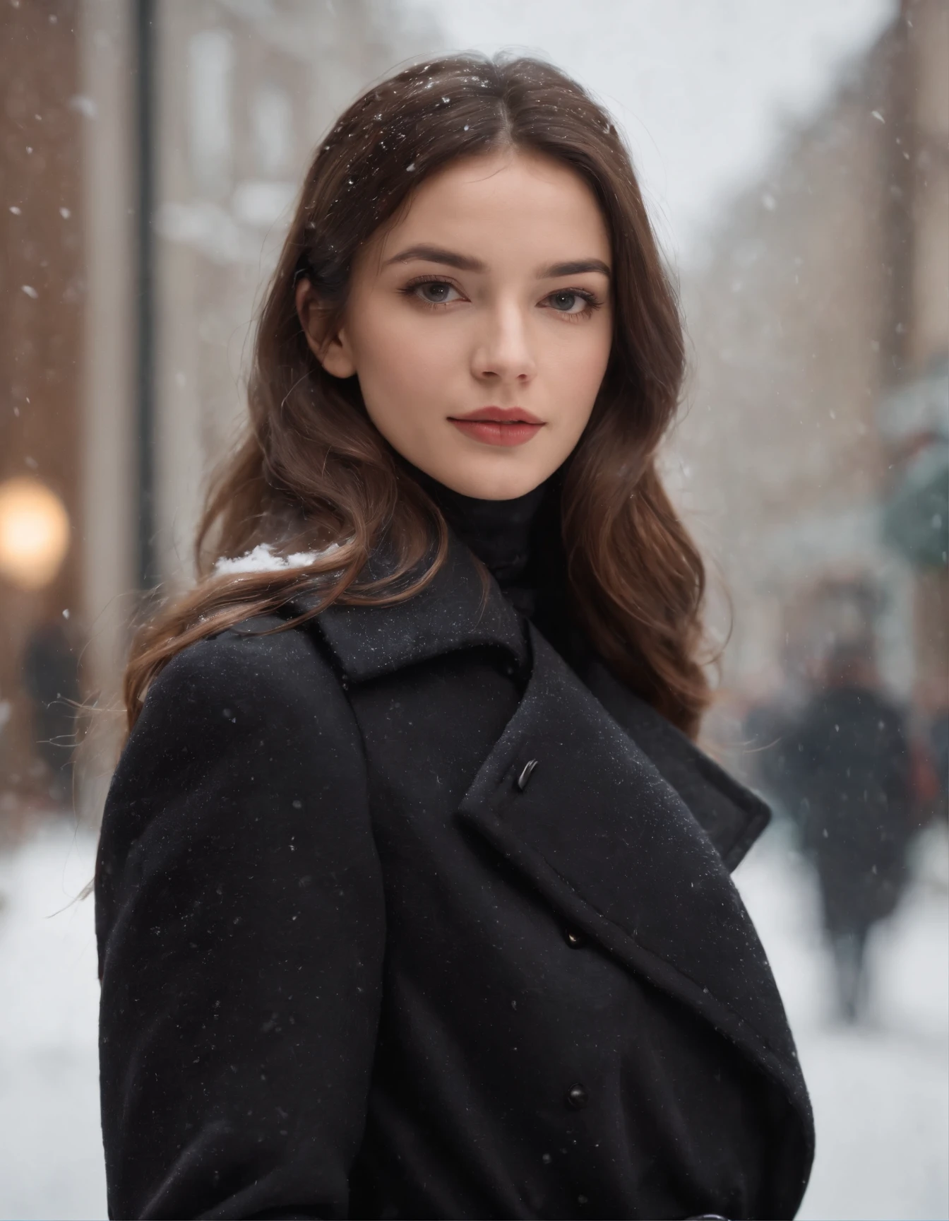 woman dressed in retro black trench coat, walks down the street, cold and snowing weather, bokeh style, medium close up shot, high quality photo.