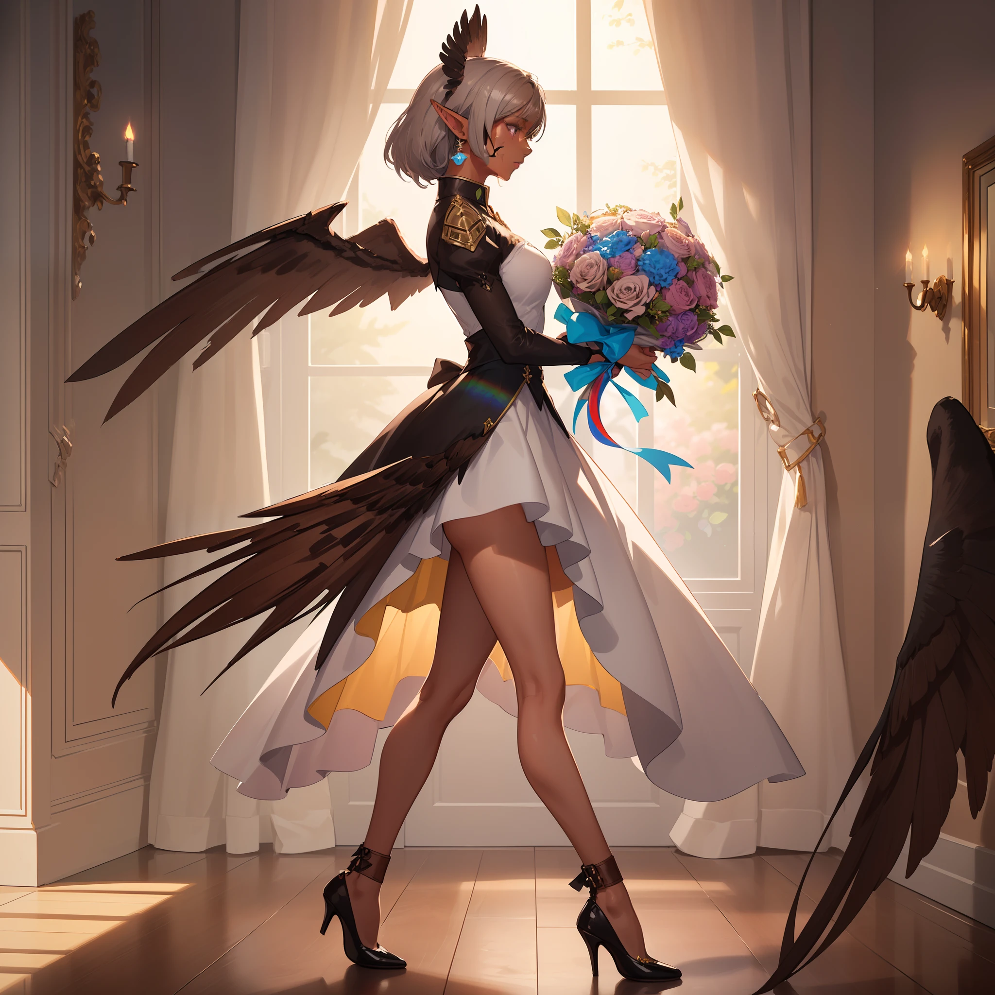 Chibi:1.4,(decorated:1.5 and wrapped:1.7 and ribboned:1.7 ),((Offering a rainbow-colored bouquet than your face:1.7)),(A bouquet that overflows from the bouquet:1.6),solo,BRAKE (Darkness:1.4),(fantasy costume:1.5),elf ear:1.1,(raven wings:1.6),(dark elf:1.6),blue eyes,(milky silver hair:1.6),(ash brown skin woman:1.8),(high-heeled shoes:1.3),solo,BRAKE dynamic pose,dynamic angle,from side:1.7,full body shot:1.3, low shot:1.3,BRAKE fantastic room,BREAK (extremely detailed CG unity 8k portrait:1.3),ray-tracing,(highly detailed fingers:1.3),(Masterpiece: 1.3),(ultra detailed face),(Exquisite Detail: 1.2),highly detail Eye,(Highest Quality:1.4), (Super-Resolution: 1.2),(super fine illustration:1.3), Eyelashes, Best Quality,super detailed skin,