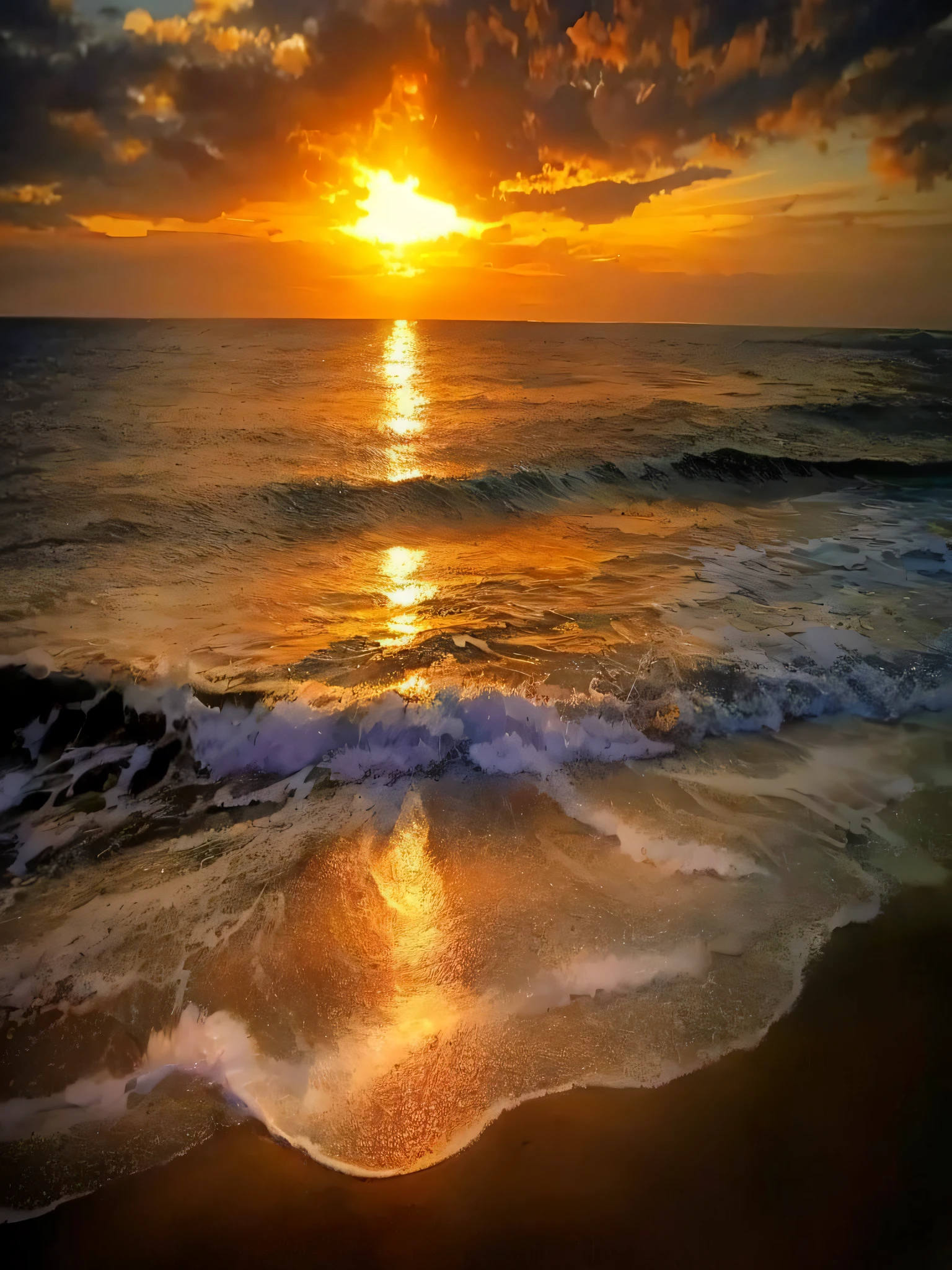 arafed view of a sunset over the ocean with waves, which shows a beach at sunset, sunset at the beach, the most beautiful sunset, beach sunset background, sunset on the beach, golden sunset, on the beach during sunset, at the beach on a sunset, golden hour time, at the golden hour, warm beautiful scene, at a beautiful sunset