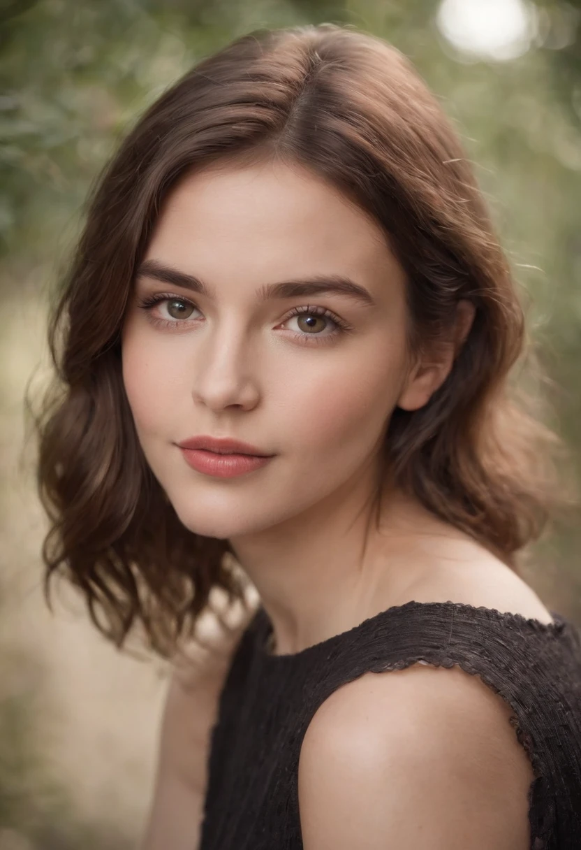 "A lady with short brown beauty, tousled hair stands before you, her lips curved into a gentle, small smile. Her eyes hold a hint of curiosity and warmth, and her presence seems to radiate an aura of quiet confidence, realistic