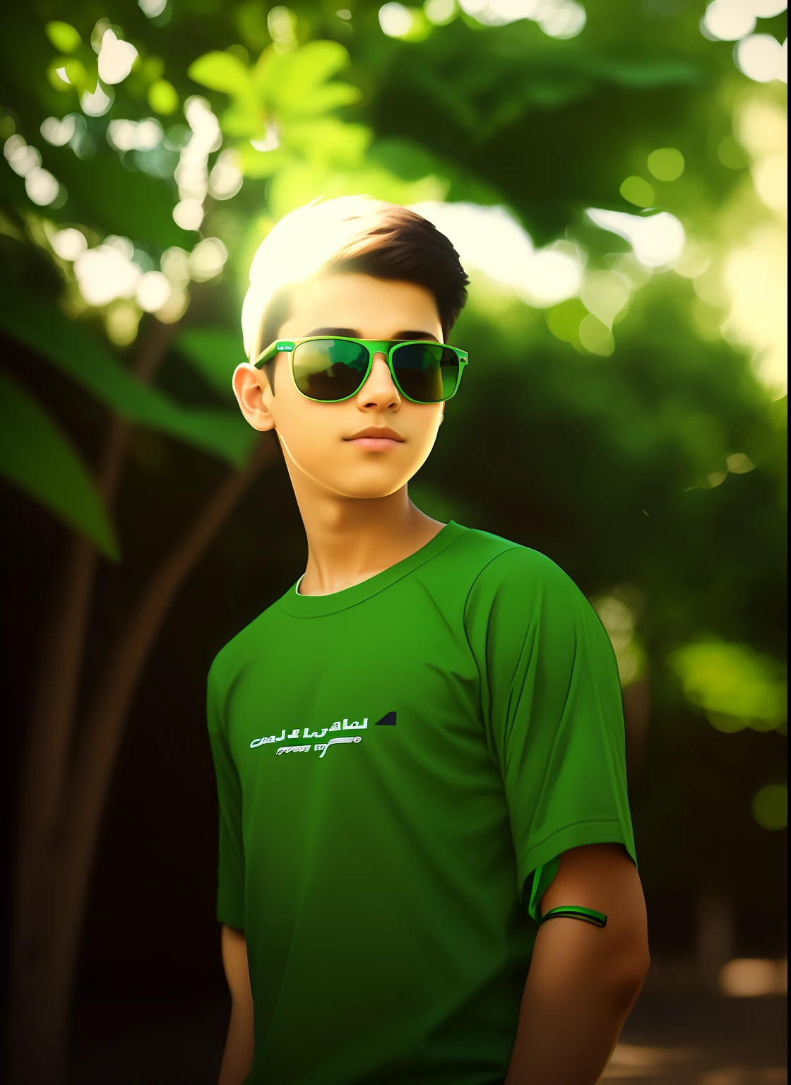 there is a young boy wearing sunglasses and a green shirt, green shades, color portrait, with sunglass, potrait, realism artstyle, mohamed chahin style, portait photo profile picture, casual photography, 2 d render, high quality portrait, [ digital art ]!!, digital art picture, colorized background, reyyan, coloured photo, candid picture